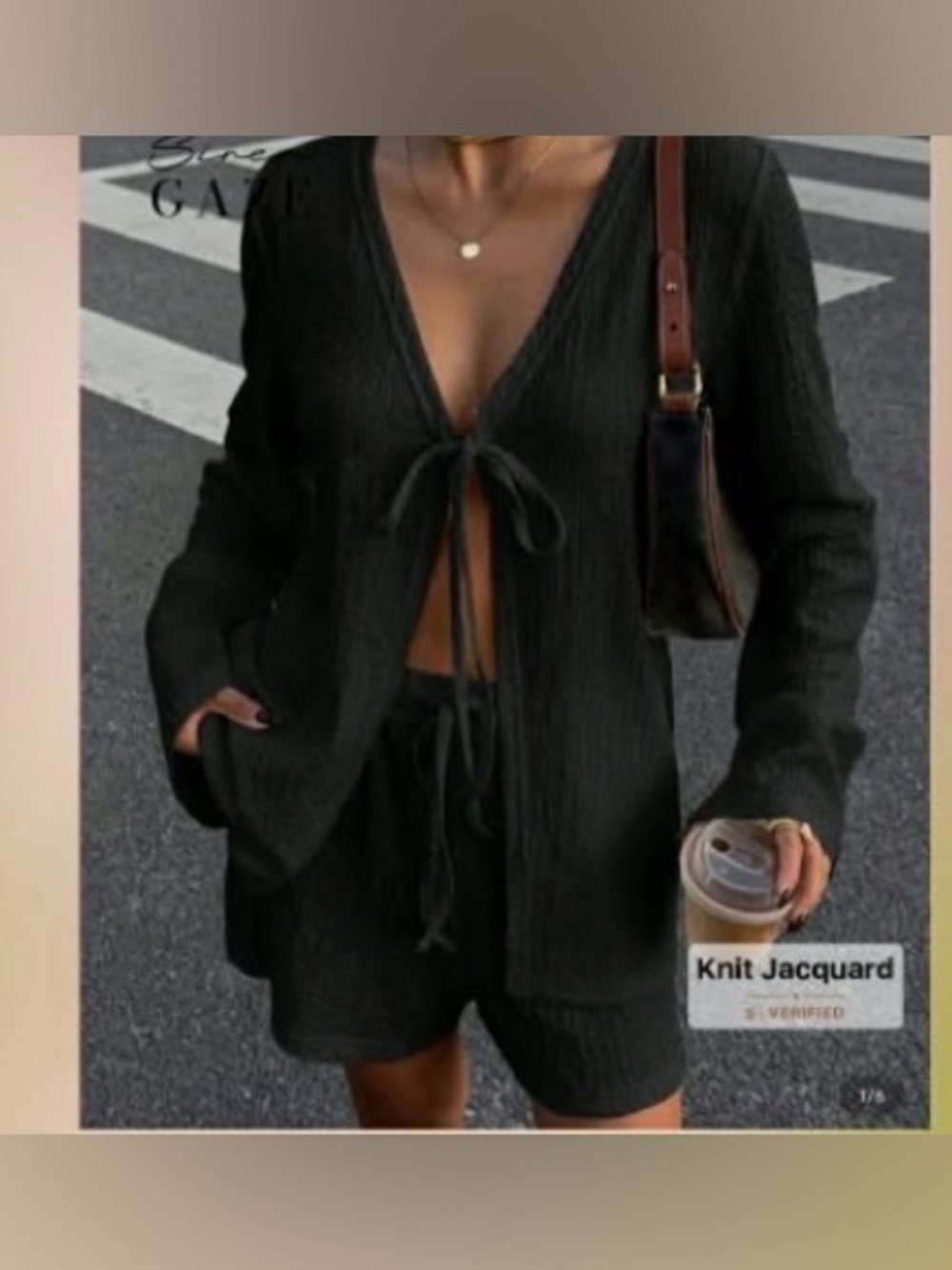Black Knit Two-Piece Tie-Front Cardigan & Shorts Set